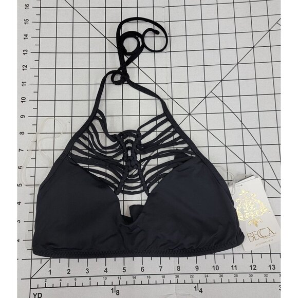 NWT Becca S Electric Current High Neck Macramé Halter Bikini Top Black #86746 - Picture 3 of 3